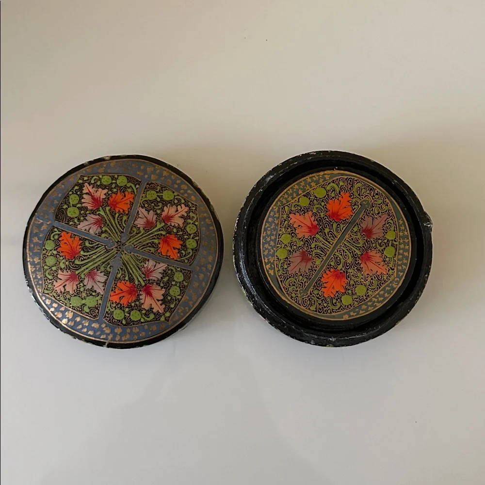 Vintage Floral Botanical Hand Painted Papier-Mache Coaster Set In A Matching Box